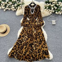 Light Luxury European And American Leopard Print Puff Sleeve Dress For Women Summer Belt Slimming Diamond Design Hot Girl Long Skirt