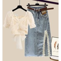 French Style Women's Two-Piece Set - One-Shoulder Chiffon Shirt & Retro Denim Skirt