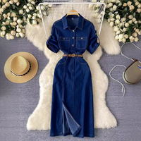 Women's Clothing Light luxury celebrity style high-end Polo collar denim dress for women summer split waist belt design niche temperament long skirt