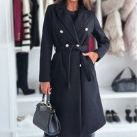 Elegant Double-Breasted Belted Wool Blend Coat For Women Slim Fit Long Trench Coat With Notched Lapel, Autumn Winter Fashion Outerwear