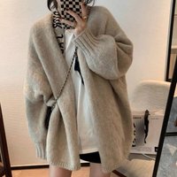 ​​Oversized V-Neck Knit Cardigan Japanese Minimalist Style GreyKhakiPinkBeigeBlackBrown, One Size Fits -lbs​​
