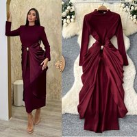 Elegant Semi-High Neck Pleated Long Sleeve Dress For Women - Red Slim Fit A-Line Midi Dress For Sophisticated Style​