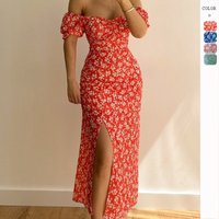 Women's Hip Wrap Split One Line Neck Dress Classic Fragmented Flower Style Spring Dress