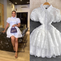 Women's Clothing Summer Retro Temperament Elegant Lapel Single Breasted White Lace Embroidery A Line Cake Dress