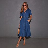 Vintage V-Neck Tie-Waist Denim Maxi Dress Elegant French Style A-Line Dress For Women​​