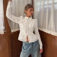 Elegant Lace Crochet Stand Collar Slim Fit Blouse For Women - Breathable Cotton Blend, Office & Casual Wear​
