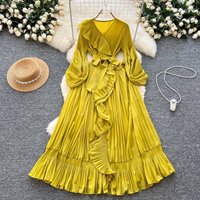 Women's Clothing Lady Pleated V Neck Long Sleeved Tie Up Ruffled Waist Dress Female Elegant Long Skirt