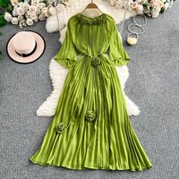 Women's Elegant D Floral Pleated Dress - Slim Fit Mid-Sleeve With Waist-Defining Design, Flowy Over-the-Knee Skirt For Summer​​