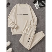 Hooded Zip-Up Jacket Set With NY Letter Prints On The Front And Back, Featuring A Hooded Cardigan Paired With Drawstring Fleece Pants In Matching Colo