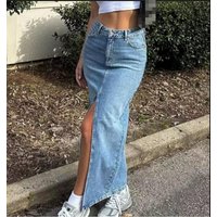 Front slit denim skirt for women new retro hot girl style high waist slim hip-wrapped midi skirt