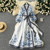 Women's clothing retro palace style printed dress for women, designed with waist straps, V-neck, lantern long sleeves and knee-length dress
