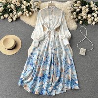 Spring Korean Style Stand Collar Floral Chiffon Dress For Women Fairy Girl Style Full Skirt Pleated Knee Length