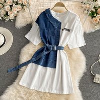 Women's Clothing Denim Patchwork Dress Short Sleeve Women Waist Slimming Medium Long Irregular shirt Skirt