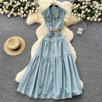​​"Sleeveless Denim Dress With Metal Buckle Collar Slim Fit, Mid-Length Summer Dress Light BlueBlack, SML"​​