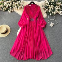 Women's Clothing Seaside Vacation Travel Photography Lantern Long Sleeves V Neck Waist Slimming A Line Chiffon Pleated Dress