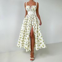 Women's Clothing Pure Cotton Suspender Skirt Summer New Style Slit Waist Tie Long Skirt Printed Dress