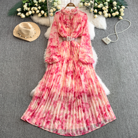 Summer New French Style Women's Wear Lace Stand Collar Waist Pleated Mid Length Printed Dress