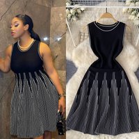 Women's Clothing Simple Sleeveless Round Neck Striped Knitted Dress Female Summer Waist Design Niche Fairy Mid Length Skirt
