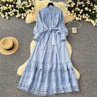 Women's Clothing Vintage French-Style Lace Trim Dress Corset Tie Waist, Lantern Sleeves, Elegant Midi Dress BrownBlackWhite, One Size Fits Most​