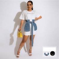 Women's Fitted Waist Round Neck Color-blocked Denim shirt, Fashionable And Casual Mid-length Dress