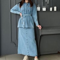 Women's Middle Eastern Muslim Fashion Distressed Washed Casual Denim Top And Skirt Set