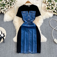 Women's Ladylike Temperament Short-sleeved Round Neck Waist Slimming Denim Splicing A-line Dress Casual shirt Skirt