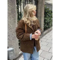 Brown Lapel Pocket Suede Leather Jacket For Woman Single Button Long Sleeve Vintage Blazer Coat Lady Autumn Street