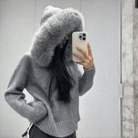​​Korean-Style Hooded Short Cardigan, Faux Fox Fur Trim, Loose Fit, Zip-Front, Angora Knit, GreyWhiteBlackKhaki, Casual Elegance For Petite Women​​