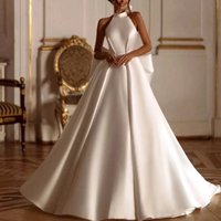 Women's Clothing light luxury high end satin wedding dress simple sexy front slit bride out of the veil classic halter neck evening dress