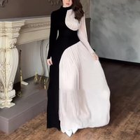 Women's Clothing Round Neck Contrast Color Long Sleeve High Waist Slim Temperament Retro Dress