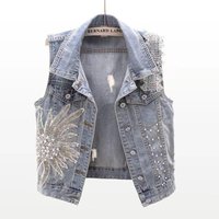 ​Women's Denim Vest With Lace And Beaded Embellishments Short Sleeveless Jacket For Casual & Office Wear