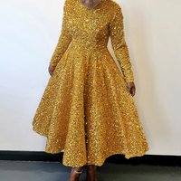 new Women's Round Neck Long Sleeve Solid Color Sequin High Waist Temperament Mid-length Dress European And American Dress