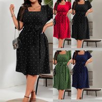 Women's Plus Size Retro Polka Dot Dress - Elegant Square Neck & Wrap Waist | Flared Swing Skirt S-