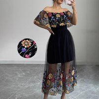 Women's Clothing Waist Skirt Temperament Printed Mesh One Shoulder Long Sleeve Dress