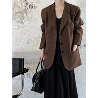 Women's Clothing Korean Style Casual Long Sleeve Blazer Jacket Vintage Loose Fit With Pockets Brown, Black