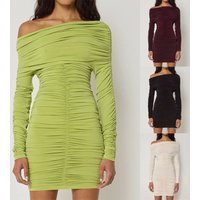 Inclined Shoulder Long Sleeve Sexy Mini Dress For Women Autumn New Fashion Backless Ruched Bodycon Party Sexy Dress