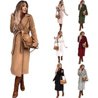 ​​Elegant Long Sleeve Belted Wool Coat For Women Oversized Lapel Trench Coat In Solid Colors White, Beige, Black, Khaki, Burgundy, Sky Blue​​