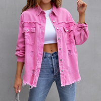 Women's Fashion Summer Lapel Long Sleeve Ripped Washed Denim Jacket