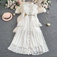 Women's Elegant High Waist A-Line Midi Dress Lace Embroidery Flounce Hem Classic White Black