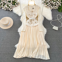 Women's Clothing of the socialite two piece long sleeved square collar lace patchwork receiving waist A line large swing pleated dress