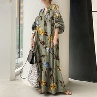 Women's cotton and linen printed V-neck simple loose casual long plus size dress long skirt for women
