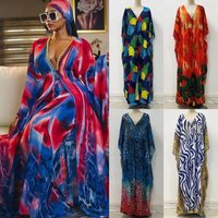 ​​Elegant African Print Maxi Dress With V-Neck - Flowy Chiffon Plus Size Women's Dress For Spring S-XX​
