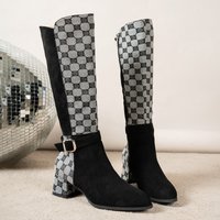 Women's Shoes Elastic Geometric Print Women's Knee-Length Boots Autumn Winter New Style Cuff Thick Heel Versatile Women's Ankle Boots