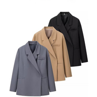 Women's Oversized Blazer Jacket - Classic Notch Lapel Long Sleeve Coat With Pockets, Polyester Casual Work Office Wear BlackGreyKhaki, SML