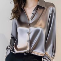 French-Inspired Satin Shirt For Women Long Sleeve Polyester Blouse With Elegant Polo Collar S-, Colors, Lightweight Office Wear