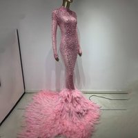 Women's Luxury Rhinestone Mesh Stitching Feather Floor-length Dress Party Dress Stage Performance Clothing
