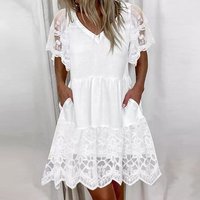 Women's Clothing V-Neck Lace Trim Short Sleeve Flowy Casual Dress​​