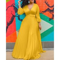 Women's Clothing Yellow High Waist Slim Solid Color Temperament Retro Chiffon Long Sleeve Long Dress With Belt