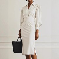 Women's Clothing Elegant V-Neck Pleated Wrap Dress Slim Fit Long Sleeve Midi Dress, Casual & Office Wear, Polyester Stretch Fabric Available