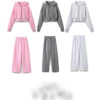 French Style Hooded Crop Top & Pants Set - Women's Casual Streetwear Outfit - Polyester Two-Piece Lounge Wear WhitePink, SML​​